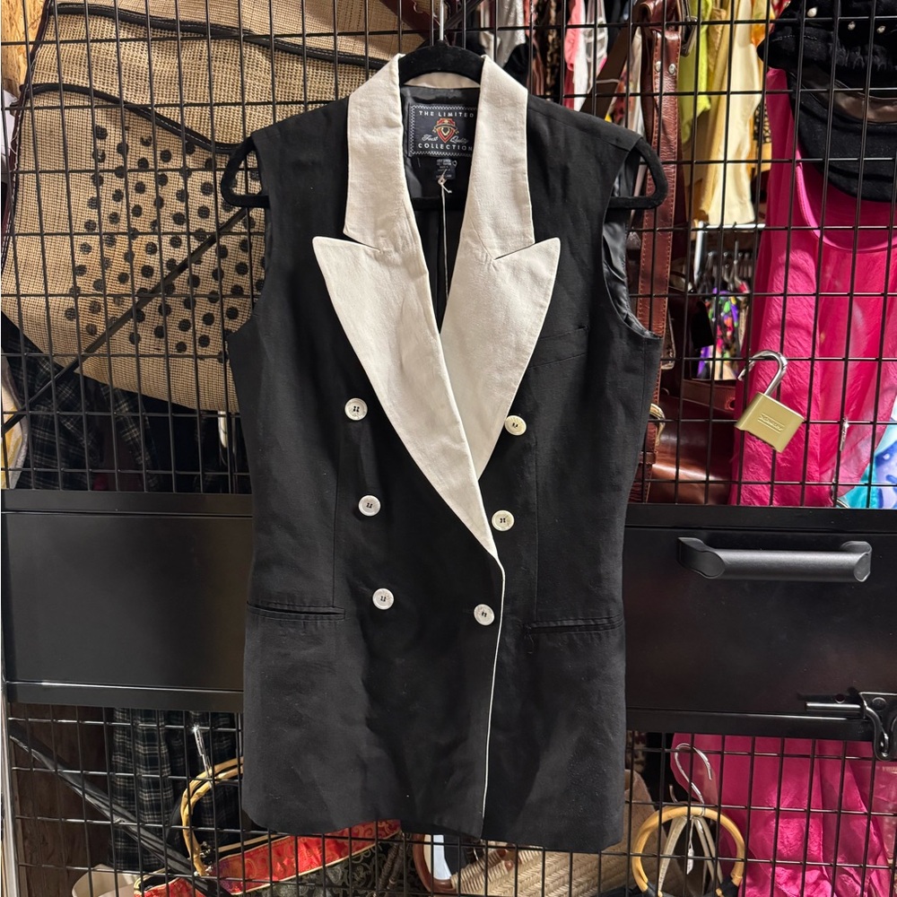 Vintage The Limited Black and White Double-Breasted Linen Vest